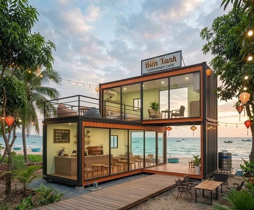 Container Cafe Ghép 2 Tầng Chữ L Cam Viền Đen Khung Kính Không Gian Mở